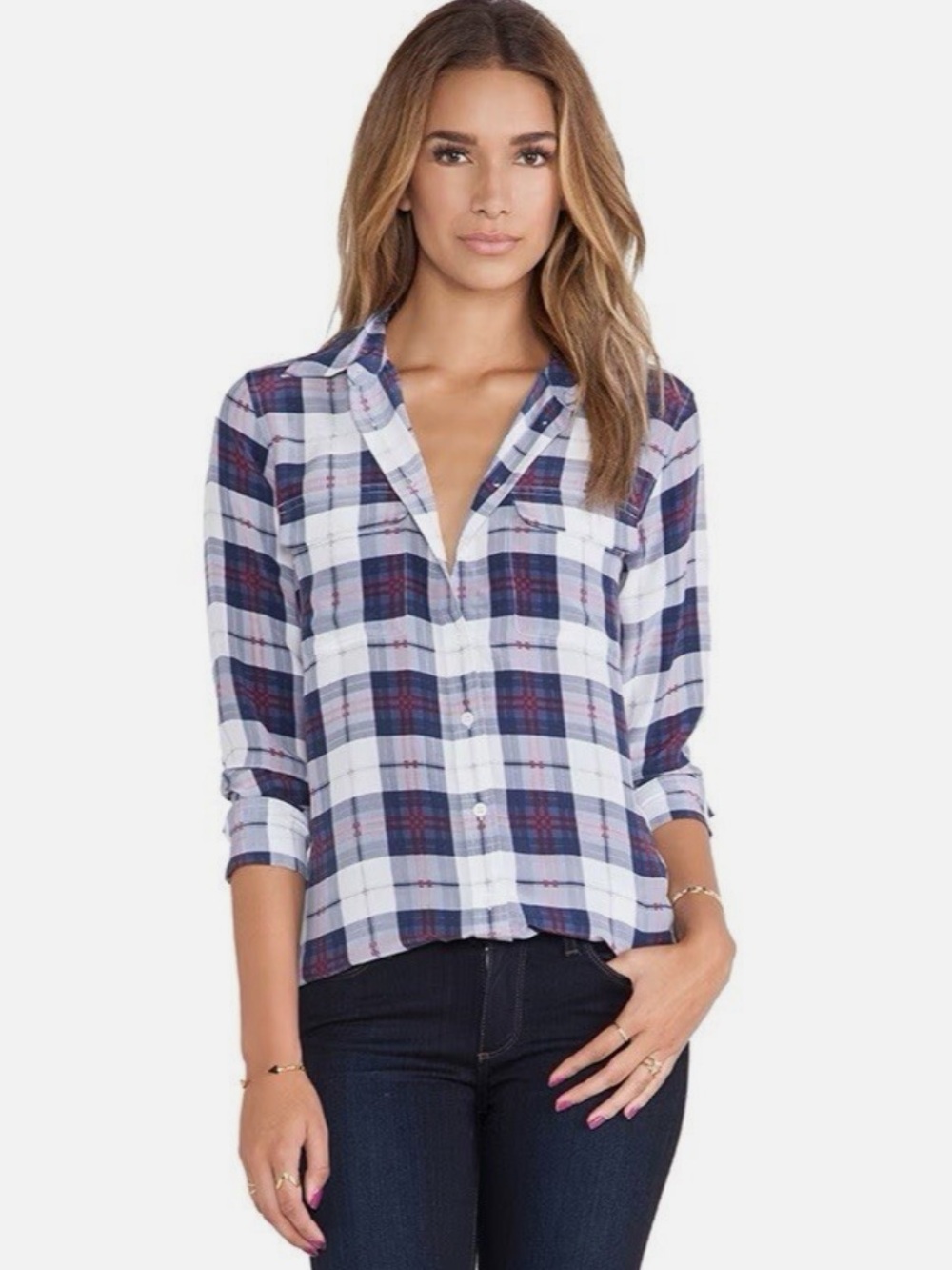 Equipment signature silk white blue red plaid button down blouse top XS